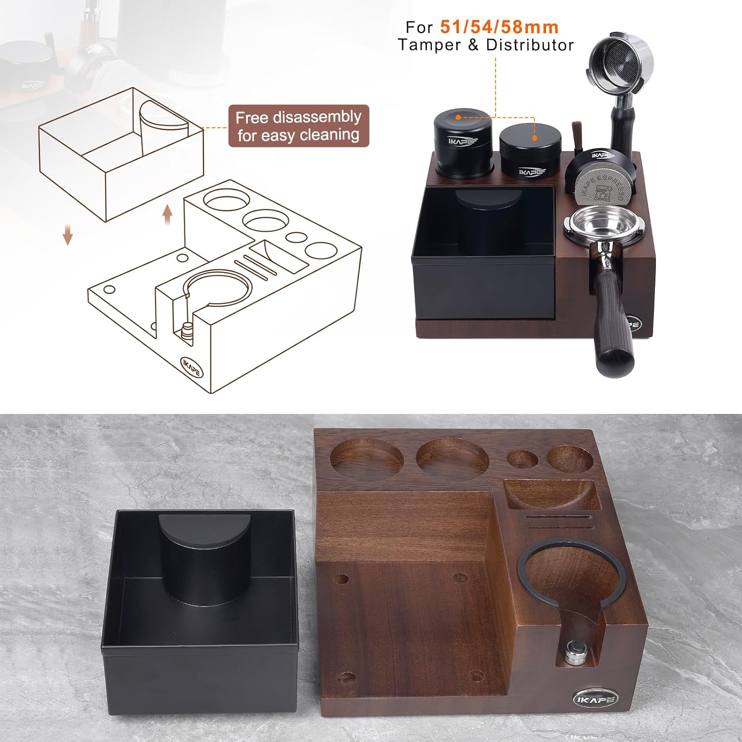 IKAPE V5 Espresso Knock Box, Espresso Coffee Organizer Box Fit for Storage 51, 54, 58MM Espresso Tamper, Distributor, Portafilter & Puck Screen Accessories, Natural Sandywood Station Base(9 IN One)