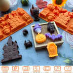 2 Pack Halloween Chocolate Candy Silicone Mold Halloween Molds Castle Pumpkin Tombstone Skull Witch Hat Gummy Jello Baking Mold for DIY Ice Cube Sugar Halloween Party Cupcake Topper Cake Decorating