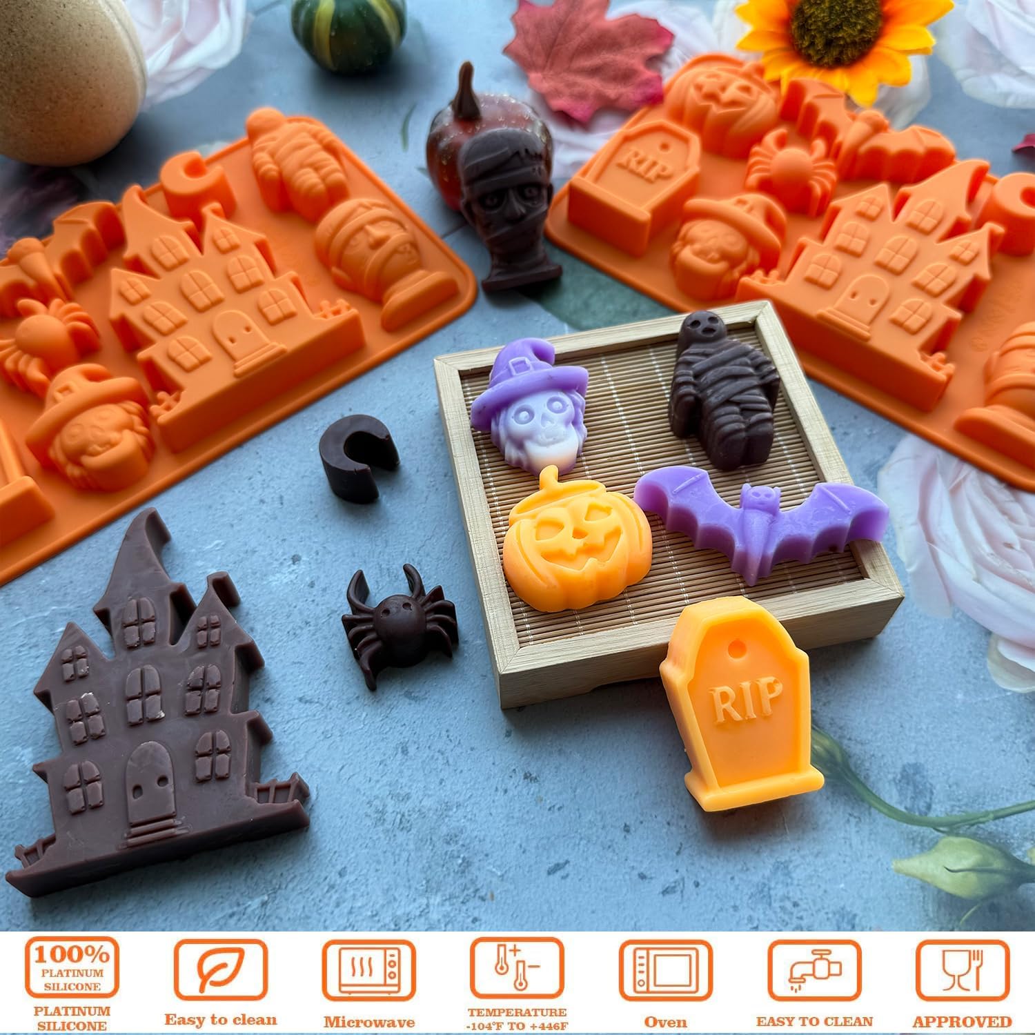 2 Pack Halloween Chocolate Candy Silicone Mold Halloween Molds Castle Pumpkin Tombstone Skull Witch Hat Gummy Jello Baking Mold for DIY Ice Cube Sugar Halloween Party Cupcake Topper Cake Decorating
