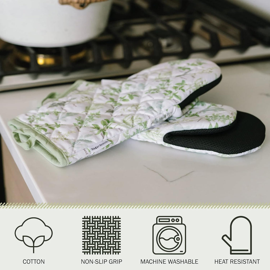Heat Resistant Designer Kitchen Oven Mitts with Neoprene Non-Slip Grips and Hanging Loops | Set of 2 100% Cotton Long Sleeve Kitchen Oven Mitts | 5.5" x 12" | Green Herbs