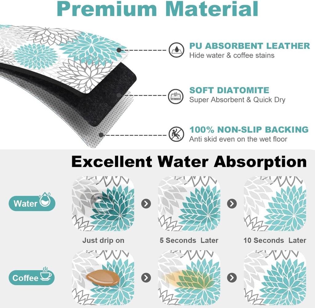 Findosom 2PCS 12" x 20" Dish Drying Mat & 24" x 5.5" Sink Splash Guard, Super Absorbent & Cuttable Dish Mat Drying Kitchen Mat with Teal Floral, Hide Stain Drying Mat for Kitchen Counter