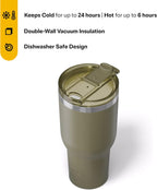 RTIC 40oz Essential Tumbler with Lid, Insulated, Stainless Steel, Metal, Double Wall Vacuum-Insulation, Ceramic Lined, Travel Cup for Iced Coffee, Tea, Hot and Cold Drink, Olive