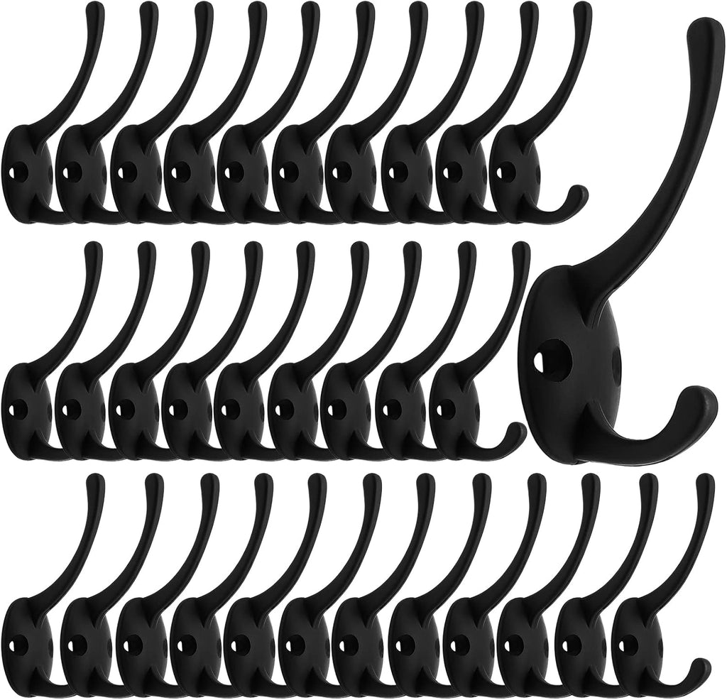 IBosins 32 Pack Black Coat Hooks Wall Mounted with 64 Screws Retro Double Hooks Utility Black Hooks for Coat, Scarf, Bag, Towel, Key, Cap, Cup, Hat