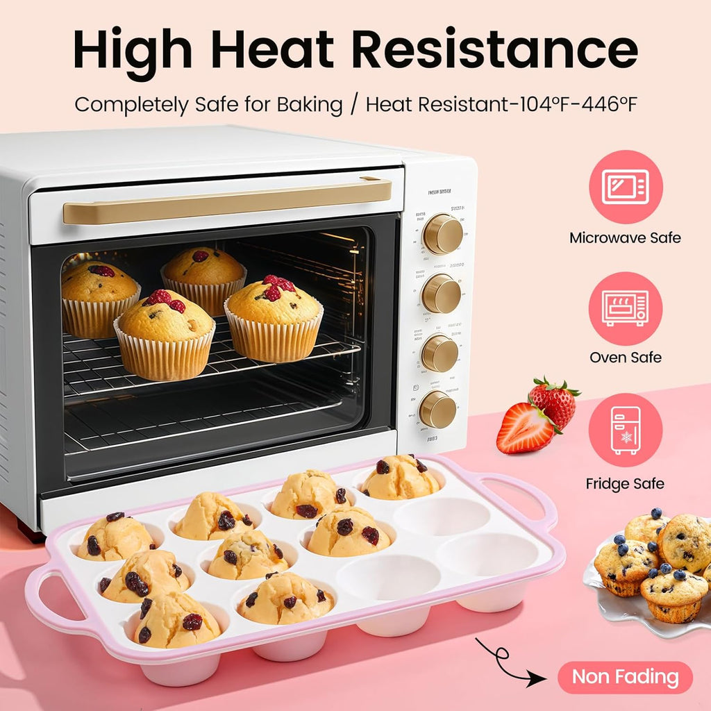 Silicone Muffin Pans for Baking 2 Pack, 2.6 Inch with Metal Reinforced Frame, Regular Size Nonstick Silicone Cupcake Pan for Baking Homemade Muffins, Cupcakes, Dishwasher Safe BPA Free-Pink