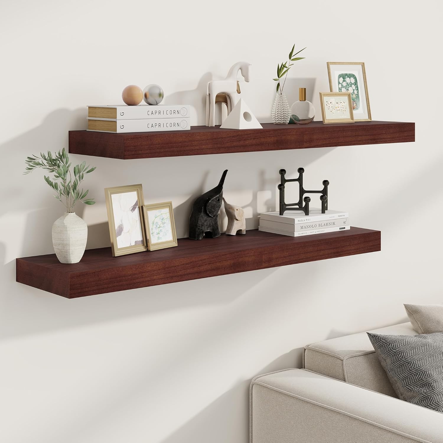 Fun Memories Deep Floating Shelves, Solid Wood Floating Shelves Wall Mounted, 9.3" Deep Floating Shelf for Living Room, Bedroom, 36 x 9 Large Wall Shelves for Books, Red Brown, Set of 2