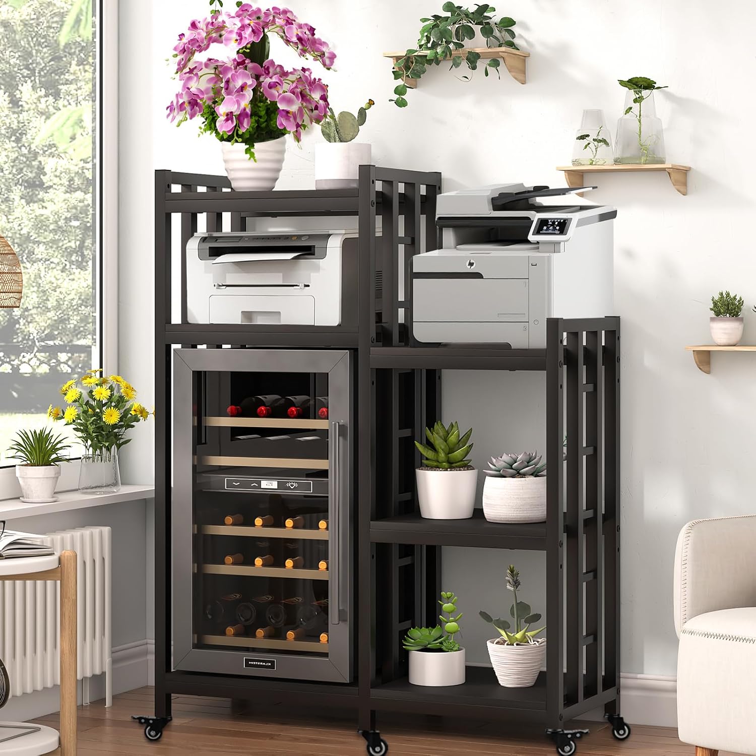 BRIGHTSHOW Free Standing Baker Rack Mini Fridge Stand with Wheels, 6 Tire Kitchen Storage Shelf Organizers Coffee Table Bar Microwave Stand for Patio Garage Shelving Home Porch Decor Office House