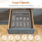 Lifewit Silverware Organizer with Lid, Covered Utensil Tray for Kitchen Drawer and Countertop, Plastic Cutlery and Flatware Storage Box for Spoons Forks Knives Holder Case, 7 Compartments, Gray