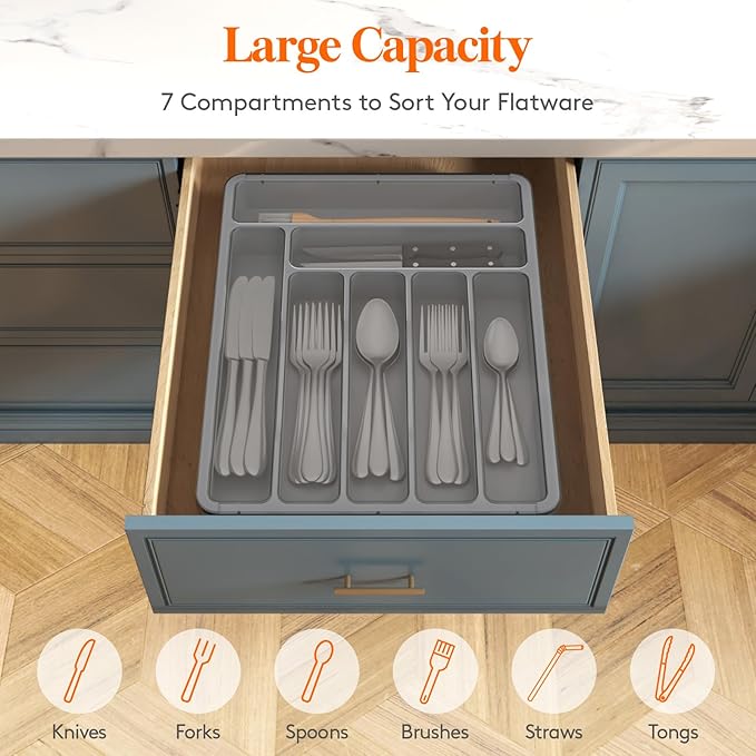 Lifewit Silverware Organizer with Lid, Covered Utensil Tray for Kitchen Drawer and Countertop, Plastic Cutlery and Flatware Storage Box for Spoons Forks Knives Holder Case, 7 Compartments, Gray