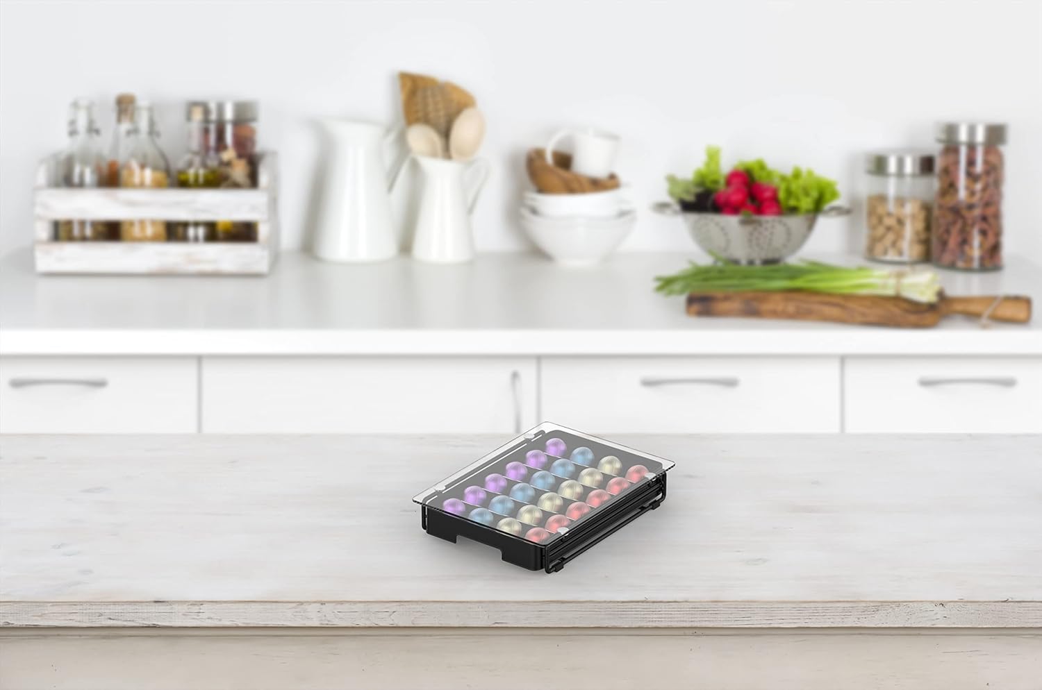 EVERIE 3'' SLIM Crystal Tempered Glass Organizer Drawer Holder Compatible with Nespresso Vertuo Capsules, Compatible with 24 Vertuoline Pods, NP06