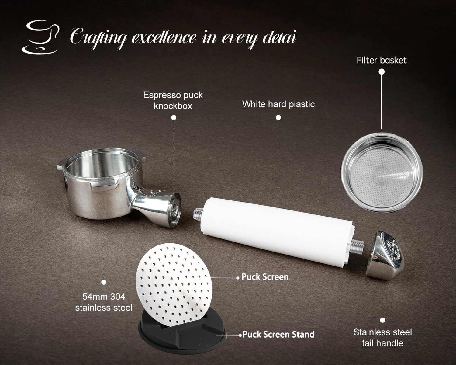 54mm Bottomless Portafilter Set – Includes Precision Filter Basket, Puck Screen & Stand – Compatible with Breville Barista Express, Barista Pro & 54mm Breville Machines, White