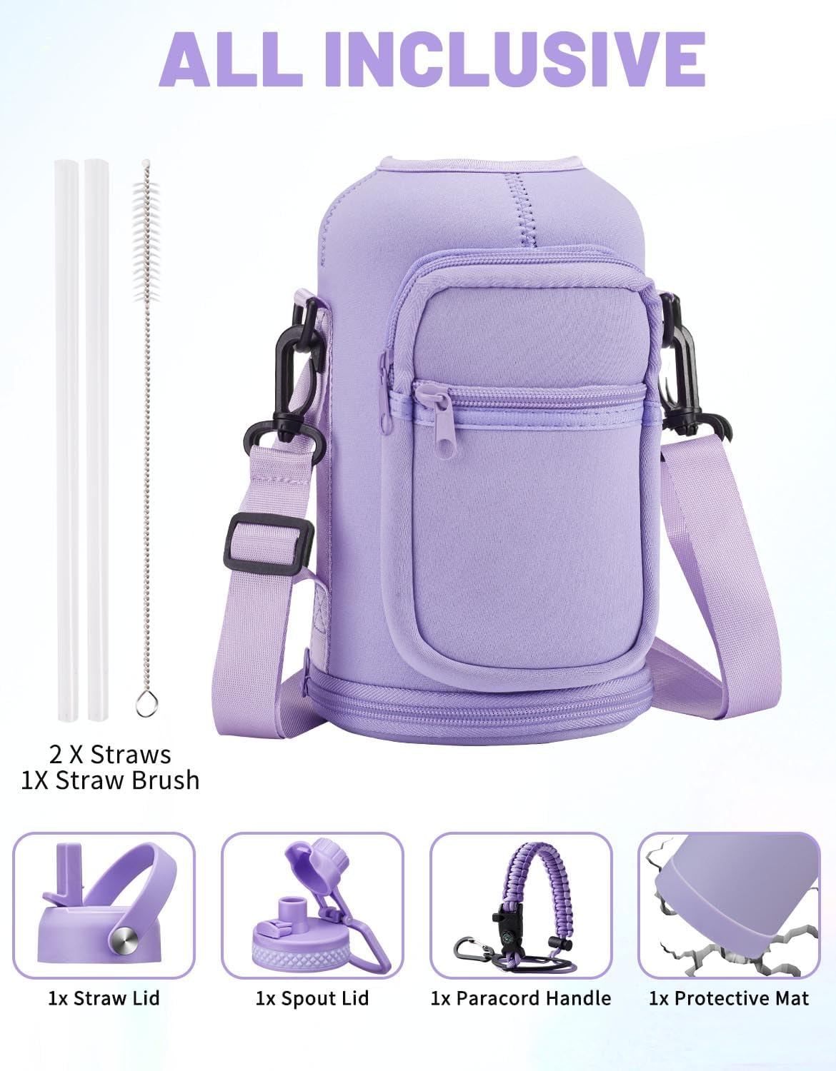 Half Gallon Water Bottle Insulated - 64 oz Water Bottle with Carrying Sleeve, Paracord Handle, Straw Spout Lid, Leak-proof Metal Hydro Water Jug for Workout Sport Hiking Gym, Purple Big Flask Thermo