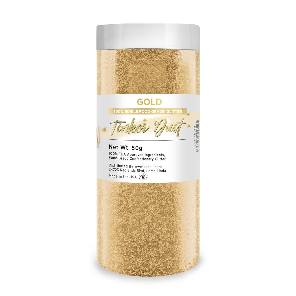 BAKELL Gold Edible Glitter, 50 Grams | TINKER DUST Edible Glitter | KOSHER Certified | 100% Edible Glitter | Cakes, Cupcakes, Cake Pops, Drinks, Dessert Vegan Glitter & Dusts (50g, Gold)