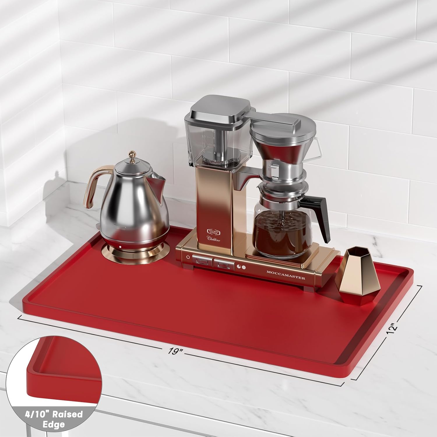 Rnivvi Silicone Coffee Mat, 12" x 19" Waterproof Raised Edge Coffee Bar Mats for Espresso Machine Station Accessories, Heat Resistant Dish Drying Pad for Kitchen Counter, Rubber Bar Decor Pad, Red