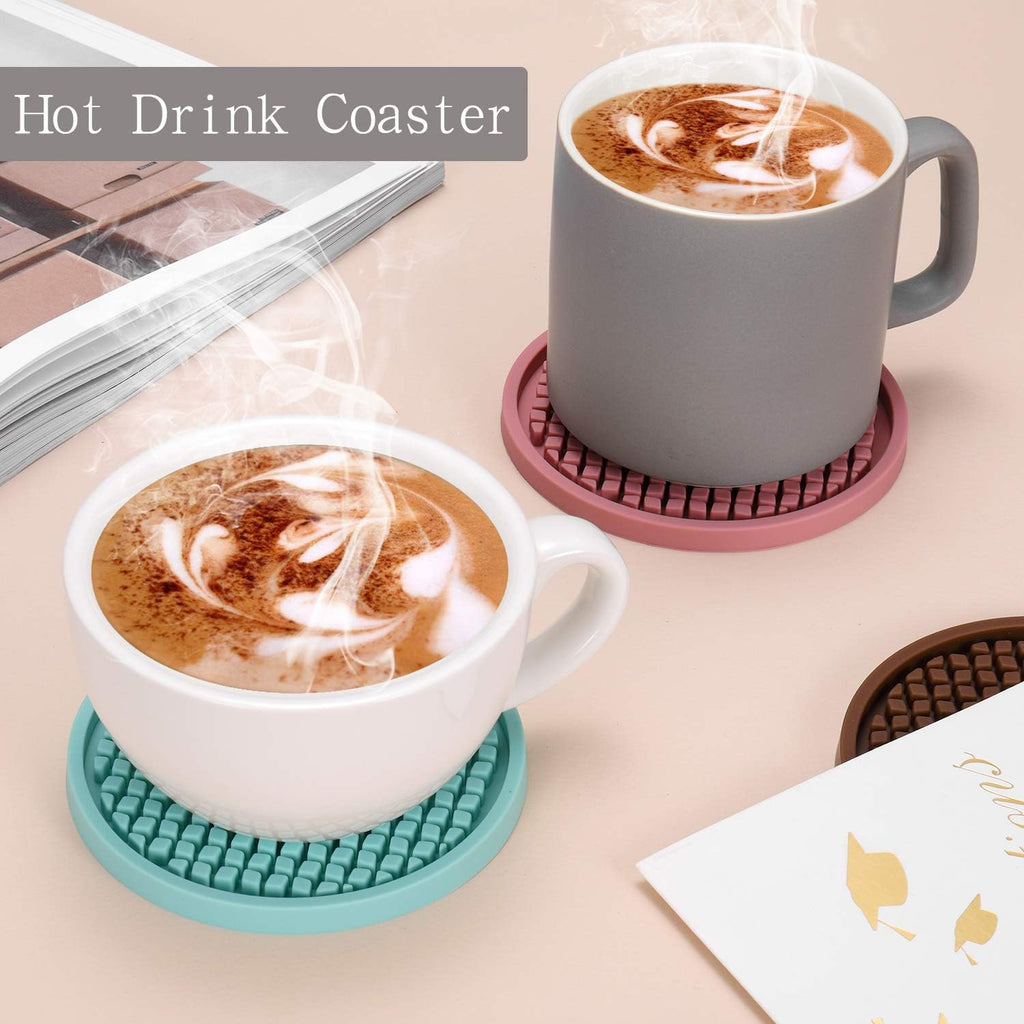 ME.FAN Silicone Coasters [6 Pack] Thickened Drink Coasters with Holder - Cup Mat - Non-Slip, Non-stick, Stay Put, Deep Tray - Prevents Furniture and Tabletop Damages(Coffee)