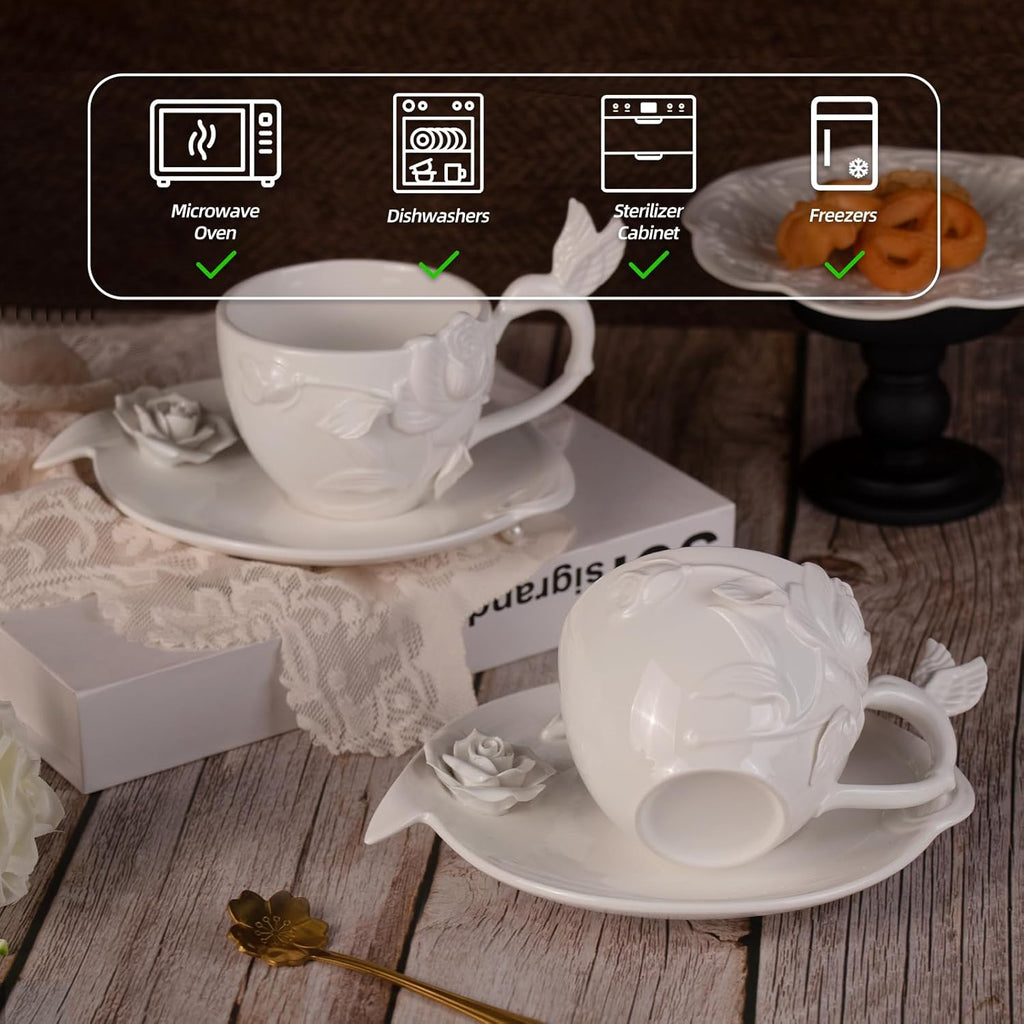 KAMMAK Tea Cups and Saucers Set of 2, Porcelain Coffee Cups, 8.5-Ounce Stackable Espresso Mugs, Ceramic Demitasse for Coffee, Latte, Americano, Tea, Cubic Rose