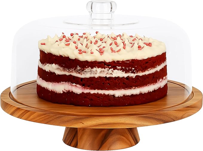 JOEY'Z 6 in 1 Large Acacia Wood Cake Stand with Lid - Multiuse Wooden Cake Stand with Dome Acrylic Cake Cover/Cake Dome - Cake Holder With Lid - Cake Stands