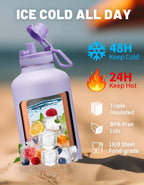 Half Gallon Water Bottle Insulated - 64 oz Water Bottle with Carrying Sleeve, Paracord Handle, Straw Spout Lid, Leak-proof Metal Hydro Water Jug for Workout Sport Hiking Gym, Purple Big Flask Thermo