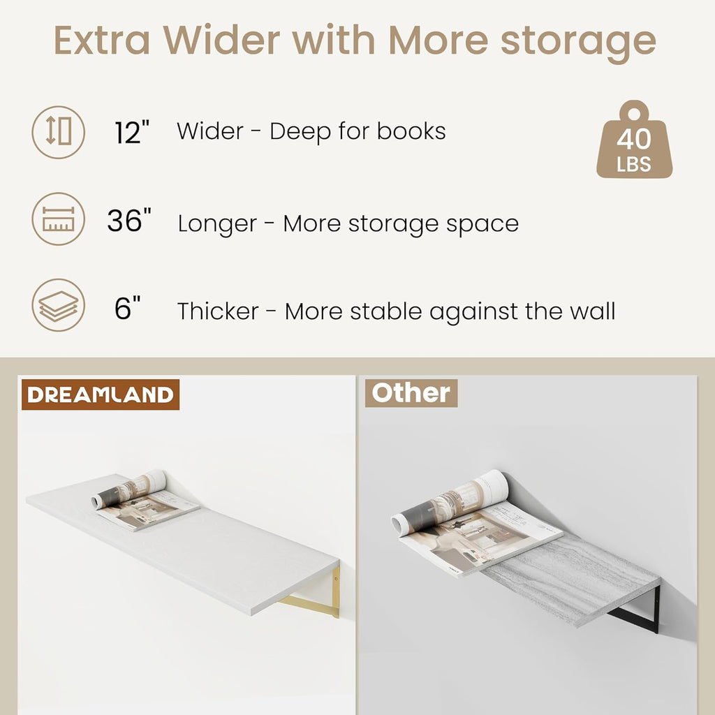 Dreamland White and Gold Shelves,36 inch Shelf, Large Floating Shelf 12 inch Deep Set of 2 for Bookshelf Living Room Bedroom Home Office Bathroom