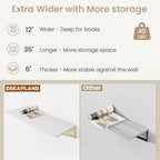 Dreamland White and Gold Shelves,36 inch Shelf, Large Floating Shelf 12 inch Deep Set of 2 for Bookshelf Living Room Bedroom Home Office Bathroom