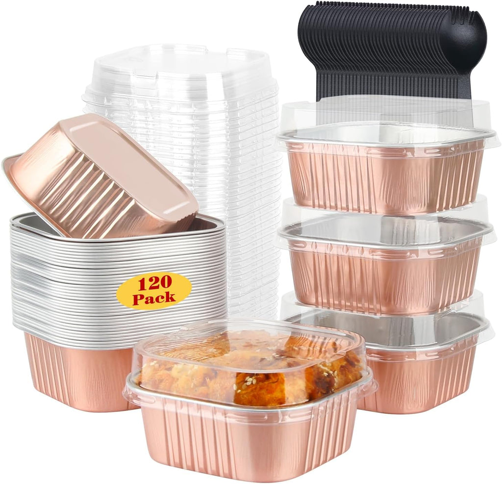 LNYZQUS 120pack/10oz Mini Cake Tins with Lids, 4”x4” Mini Foil Pans Disposable Brownie Baking Cups, Small Aluminum Bread Muffin Pan Jumbo Cupcake Containers Holders-Champagne