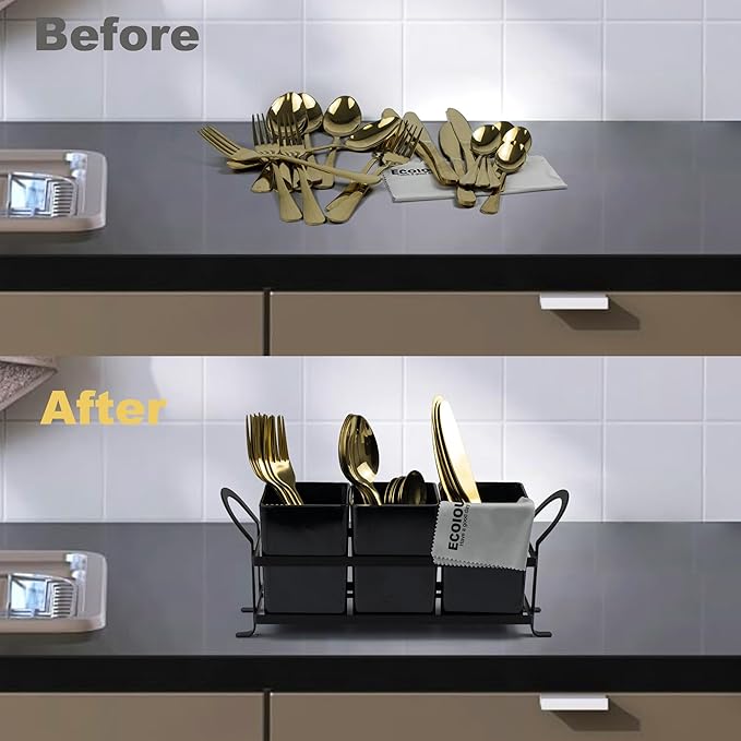 Cutlery Holder with Drain Holes, Dishwasher Safe Silverware Caddy for Party, Kitchen Counter, 3pcs Bins Set Countertop Utensil Holder for Spoons, Forks and Knives, Black