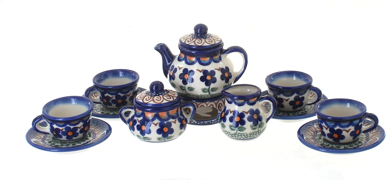 Blue Rose Polish Pottery - Blue Aztec Flower Miniature Tea Set - 1 Set - Polish Pottery Collectible Tea Set with Teapot & Cups, Decorative Gift