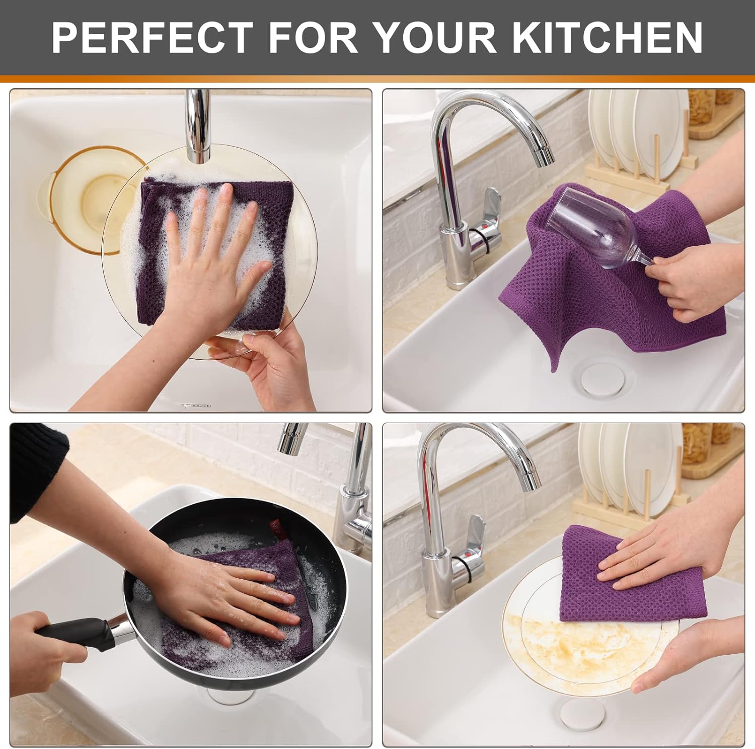 Kitinjoy 100% Cotton Kitchen Dish Cloths, 6 Pack Waffle Weave Ultra Soft Absorbent Dish Towels for Drying Dishes Quick Drying Kitchen Towels Dish Rags, 12 X 12 Inches, Violet