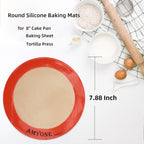 Round Silicone Baking Mats for 8 Inch Cake Pan, Food Grade, Non-Stick, Reusable Silicone Mat for Baking Pan for Bread/Tortilla/Macaron/Pastry/Pie/Bun or 9 Inch Pizza Pan, 2PCS