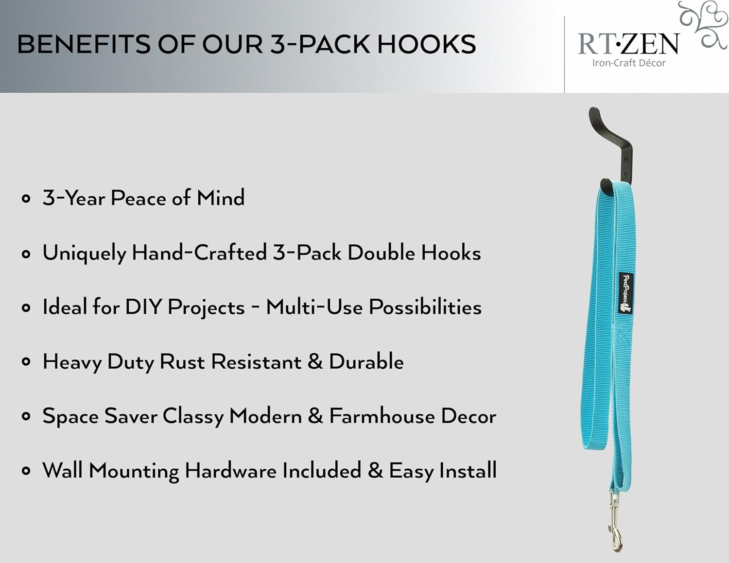 RTZEN Wall Mount Hook Set - Wrought Iron Decorative Rustic Metal Coat Hooks for Hanging - Handcrafted Classic Farmhouse Wall Mounted Black Hooks for Towel Robe or Hat Hanging - 3 Pack