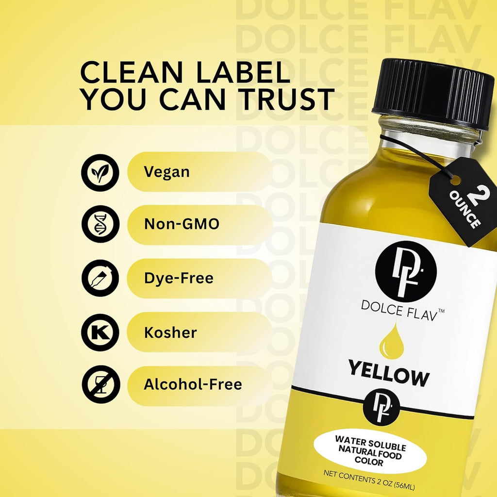 Dolce Flav Natural Yellow Food Coloring – 2 oz Bright Plant-Based Color from Curcumin | Water-Soluble Liquid Color for Baking, Drinks & Frostings | Graduated Dropper Included | | Kosher | No Artificial Dyes | Made in USA