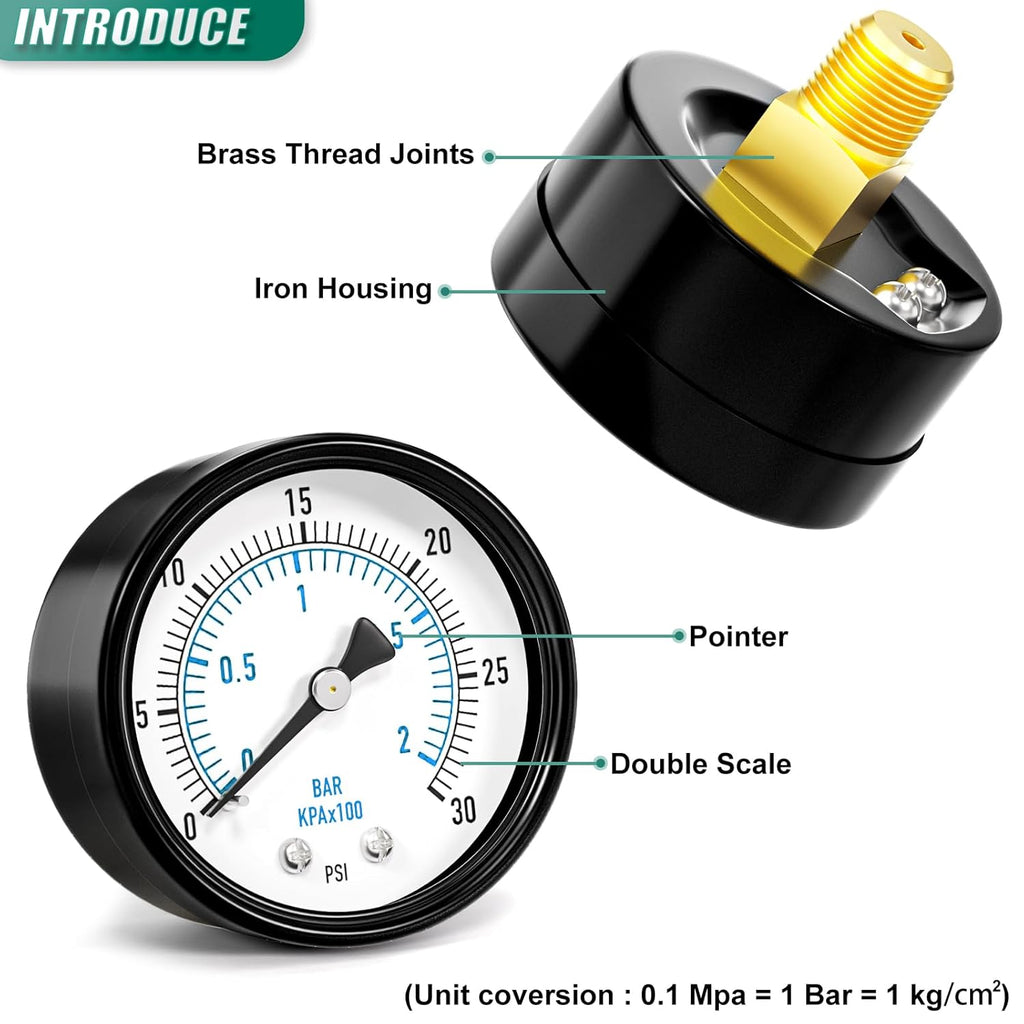 0-30PSI Well Pump Pressure Gauge 2" Dial Size, 1/4" NPT Back Mount, 3-2-3% Accuracy, for Tube, Water Pump, Gas, Liquid, Pressure Test