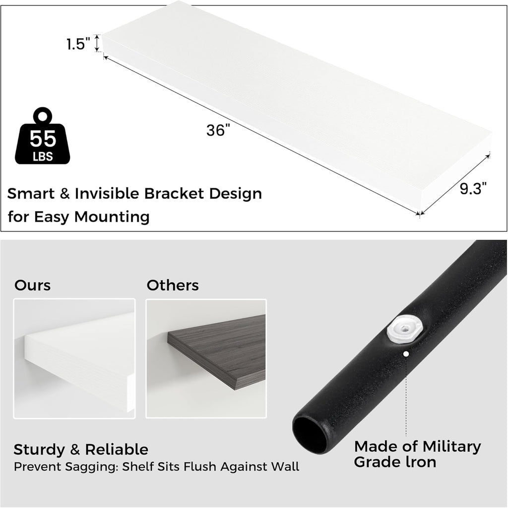 Floating Shelves - 2 Large Wall Mounted Shelves with Invisible Brackets, Long Wood Floating Wall Shelf for Living Room, Bedroom, Kitchen (White, 36" W x 9" D x 1.5" H)