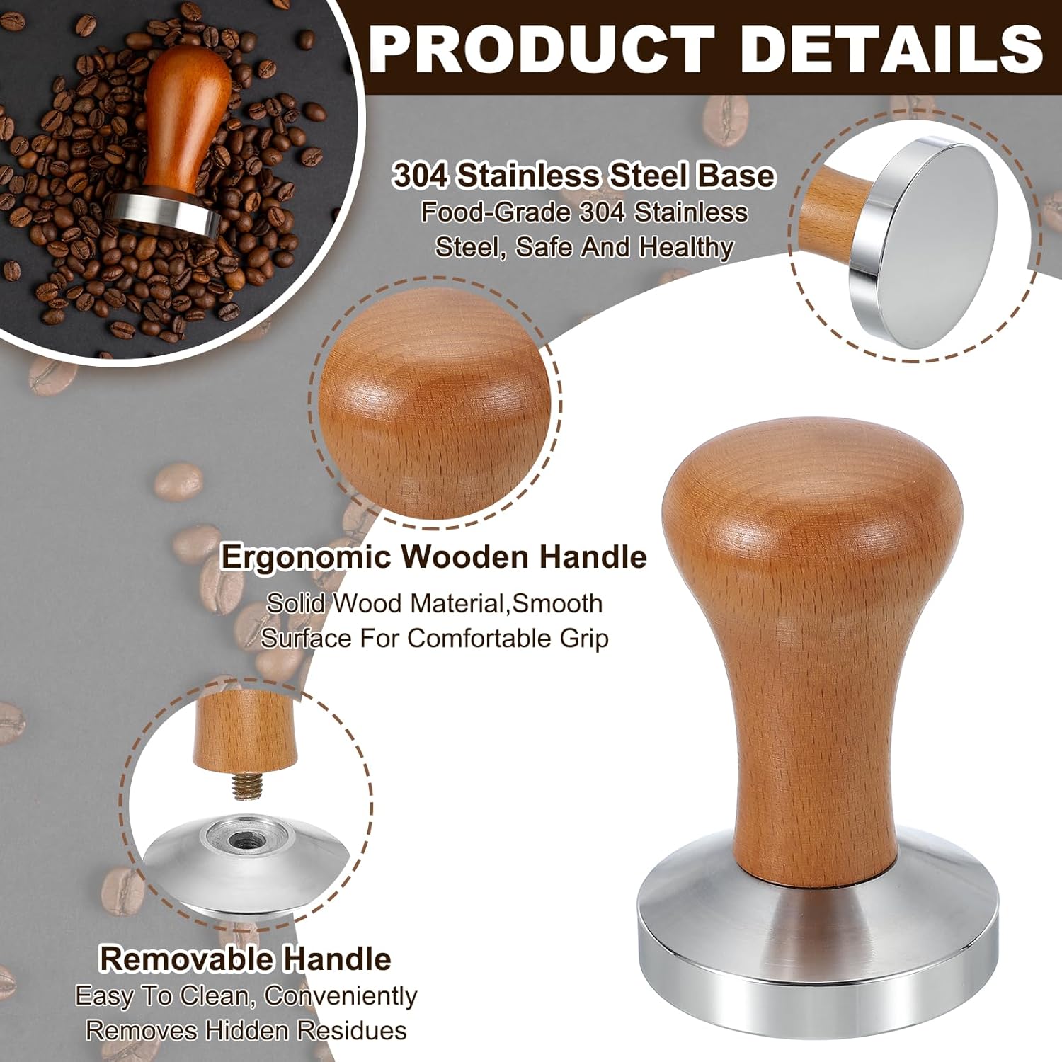 uxcell 58mm Coffee Tamper, Stainless Steel Espresso Press Tamper, Espresso Tamper with Wooden Handle Suitable for Coffee Shop, Restaurant Bar, Bakery (Light Brown)