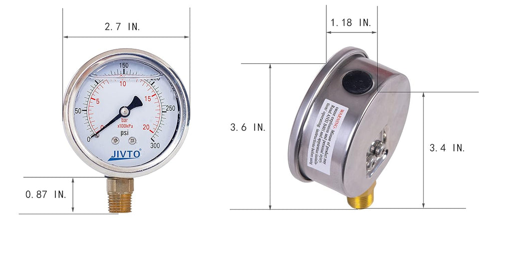 Pressure Gauge,Glycerin Liquid Filled,2-1/2" Dual Scale Dia,0-300 psi/bar/kpa,1/4" NPT Male Brass Connection,Lower Mount, Stainless Steel Case,for Pneumatic,Pump,Hose,Well Tank,Gas Air Water Oil