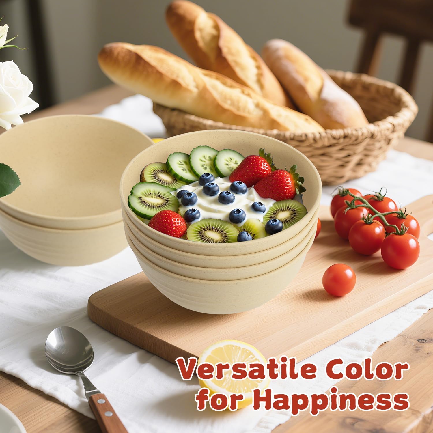 6-piece Wheat Straw Bowls sets 26oz,Alternative Plastic Bowls Reusable for indoors and outdoors,Microwave-able and Dishwasher Safe Bowls Sets Easy to Clean.Beige Series