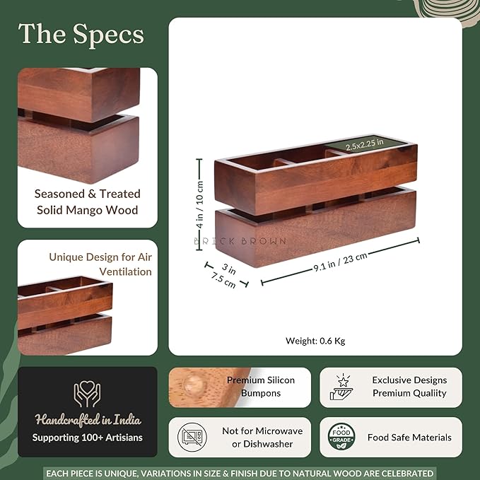 Brick Brown Premium Handcrafted 3-Partition Wooden Cutlery Holder Storage Spoon, Knife, Fork, Chopstick Caddy Self Organizer Stand for Home Kitchen Tableware Restaurant in Mahogany(9.1x3x3.9Inch)