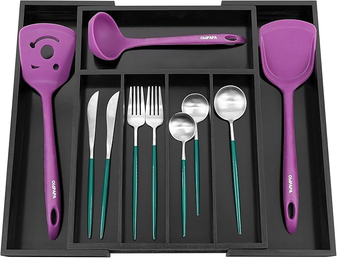Utoplike Bamboo Silverware Drawer Organizer, Expandable Kitchen Utensils Drawer Organiser, Cutlery Tray Dividers, Flatware Caddy Drawer Insert, Office Supplies, Black 5-7 Slot