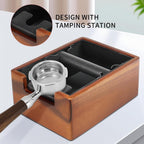 DIBTSA Espresso Knock Box with Tamping Station,Coffee Grounds Pucks Knock Box and portafilter tamper stand,with Removable Rubber Knock Bar and Non-Slip Base
