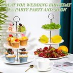 Tatuo 2 Pcs 3 Tier Porcelain Cupcake Stand, Cup Cake Holder Tower, Pastry Serving Elegant Dessert White Ceramic Tiered Stand for Wedding, Birthday, Tea Party(Delicate Round Shape)