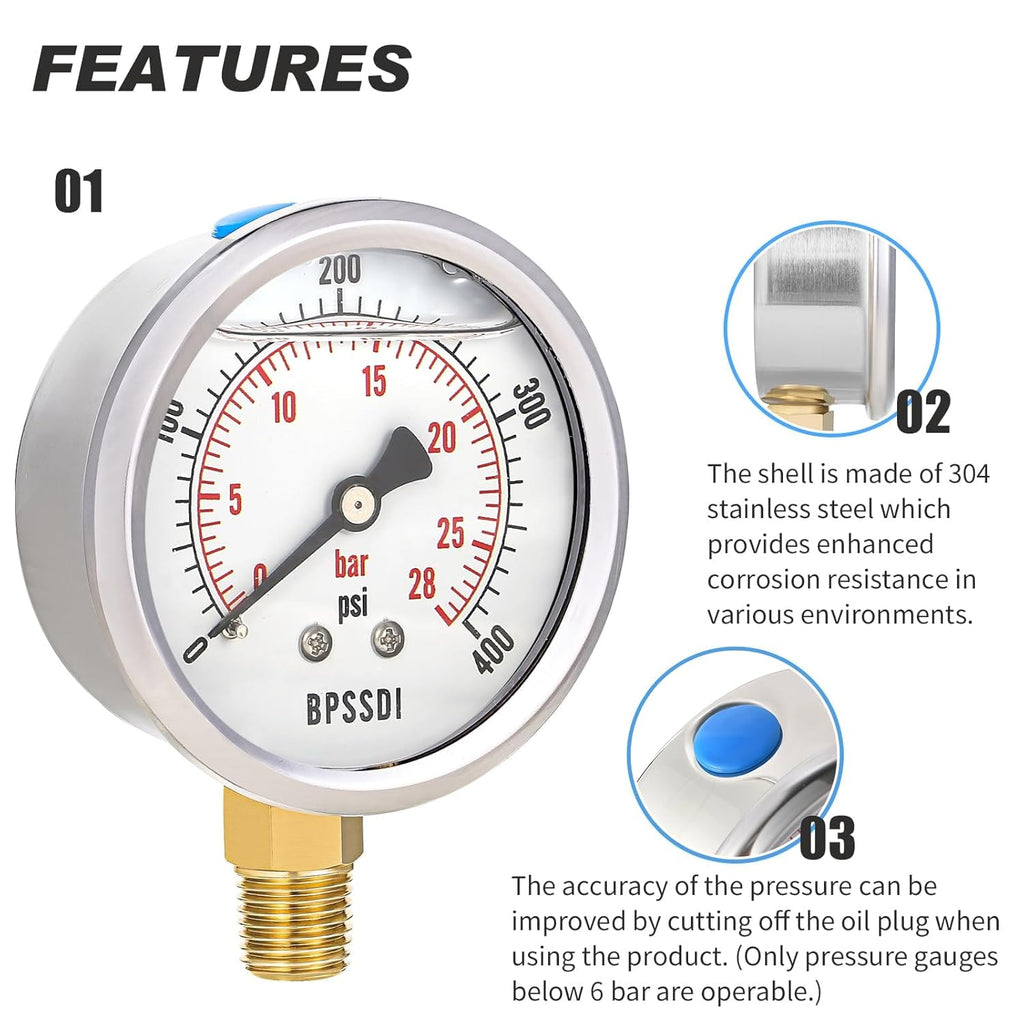 0-400 Psi Glycerin Liquid Filled Pressure Gauge, 2.5" Dial Size, 1/4" NPT Lower Mount, 304 Stainless Steel Case, for Pool Pump Sand Filter Air Compressor, Water Oil Air Pressure Test