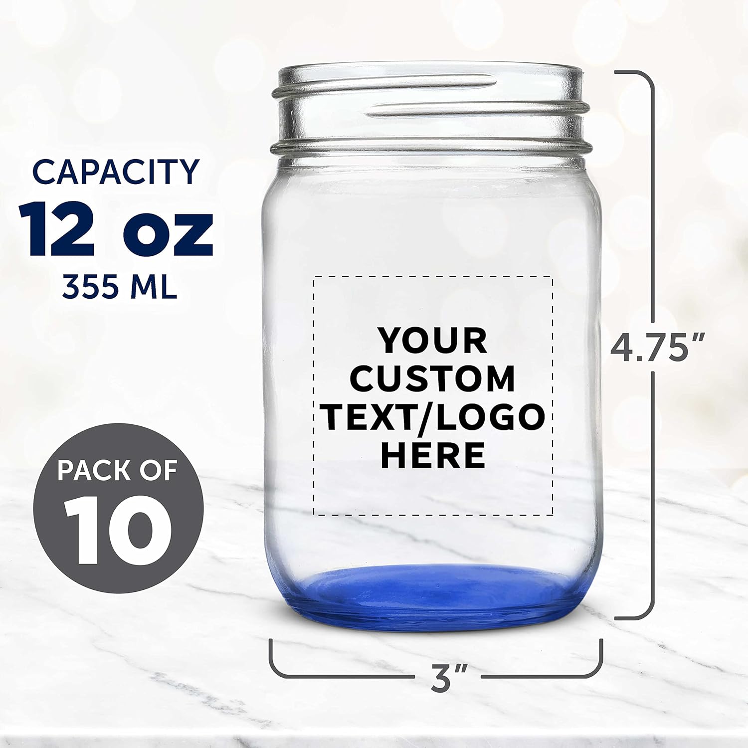 DISCOUNT PROMOS Custom Decorating Mason Jars 12 oz. Set of 10, Personalized Bulk Pack - Glass Jars for Overnight Oats, Candies, Fruits, Pickles, Spices, Beverages - Blue