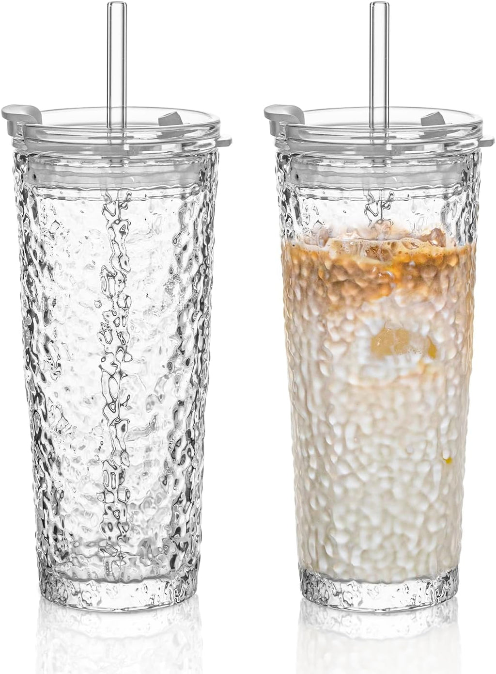 KEMORELA Glass Tumblers with Lids and Straws – Set of 2, 18oz Premium Quality Drinking Glasses, Ideal for Juices, Cocktails, and Everyday Use