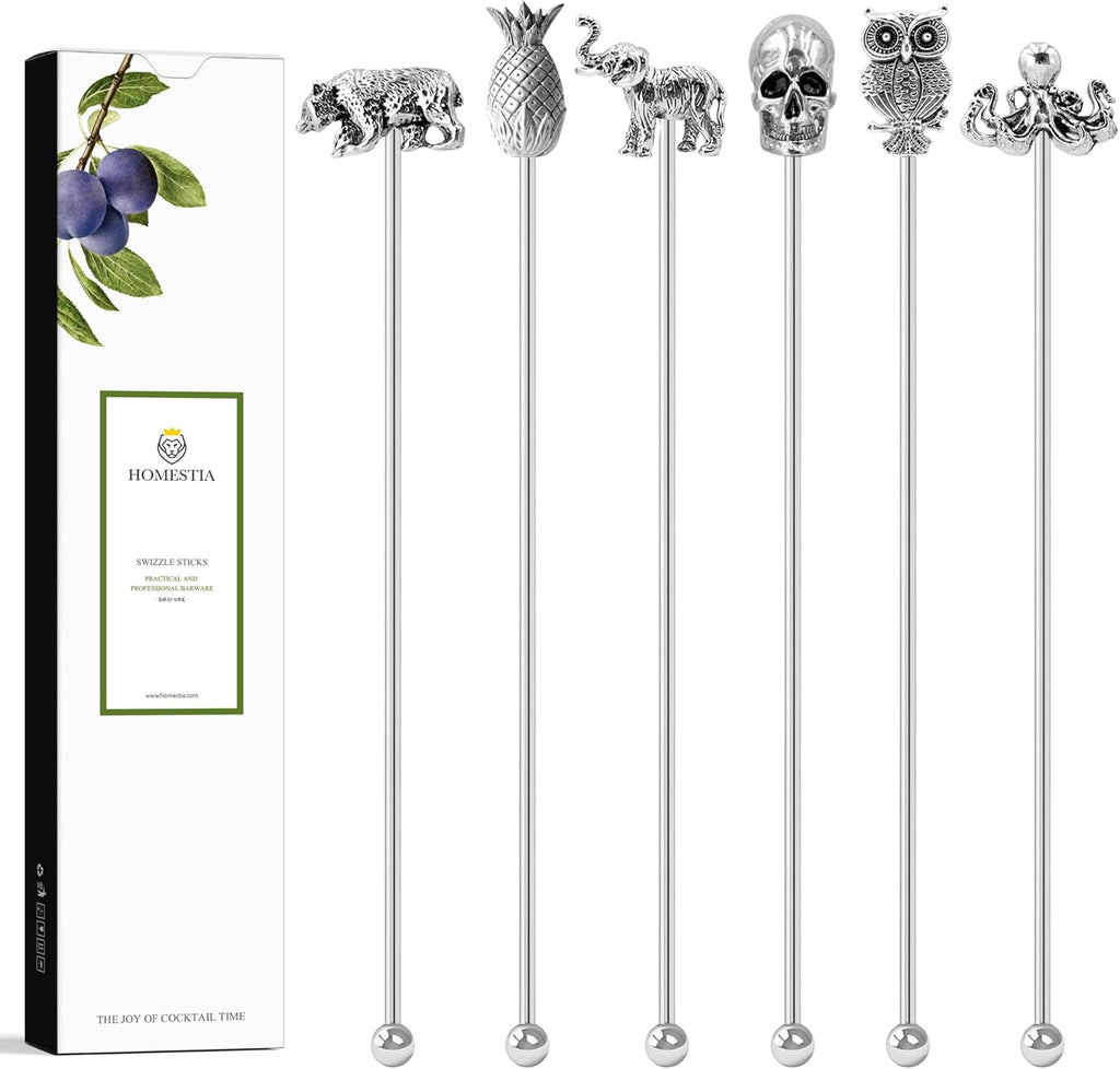 Homestia Stainless Steel Coffee Stirrers Sticks, 7.5" Zinc Alloy Head Cocktail Drink Stirrers Swizzle Sticks Picks Tools, 6PCS Reusable Beverage Stir Sticks for Chocolate Milk Juices (Animal Design)