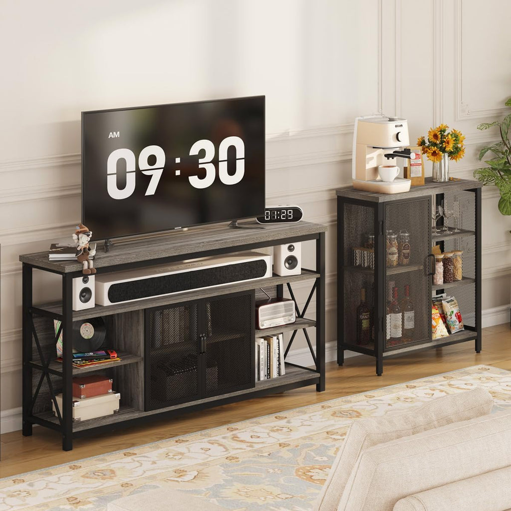 BON AUGURE Liquor Cabinet Bar for Home, Farmhouse Coffee Storage Cabinet for Kitchen, Small Wood Sideboard Buffet Station Cabinets with Door (Dark Grey Oak, 36")