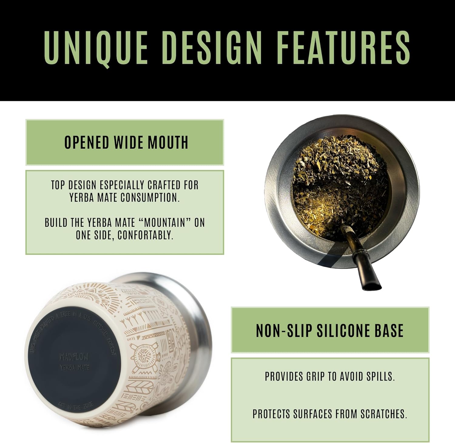 MADFLOW Yerba Mate Cup. Stainless Steel Mate Cup with 2 Bombillas. Double Wall Vacuum Insulated Yerba Mate Gourd. Unique Mate Cup And Bombilla Set