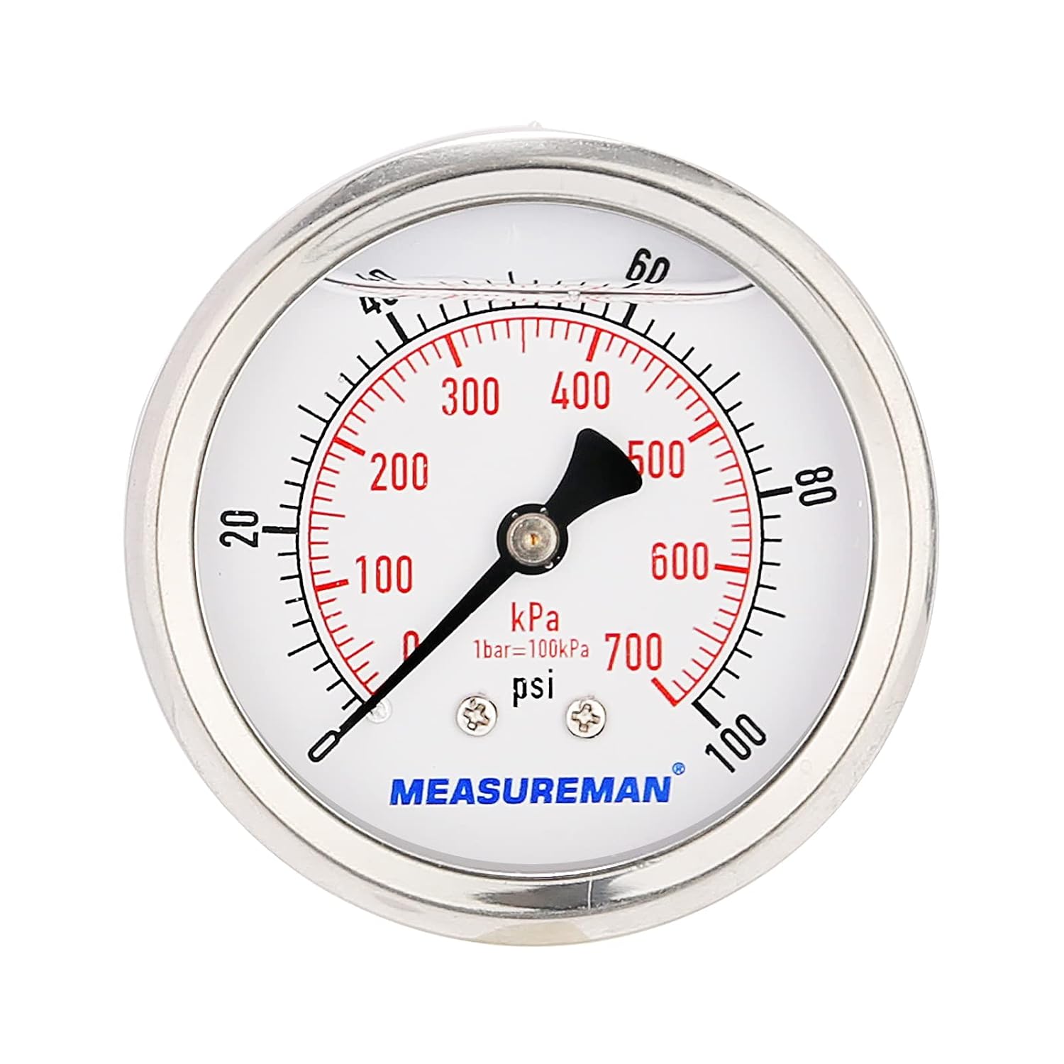 MEASUREMAN 2-1/2inch Dial Size, Glycerin Filled Pressure Gauge, 0-100psi/kpa, 304 Stainless Steel Case, 1/4 Inch NPT Center Back Mount
