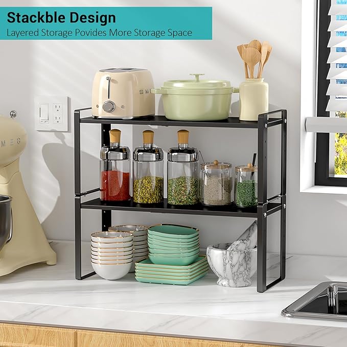 2 Pack Expandable Cabinet Organizer Shelves, 88lbs High Weight Capacity, Stackable Heavy-Duty Metal Storage Rack, Adjustable Cabinet Shelf for Kitchen, Pantry, Cupboard, Under Sink, Black