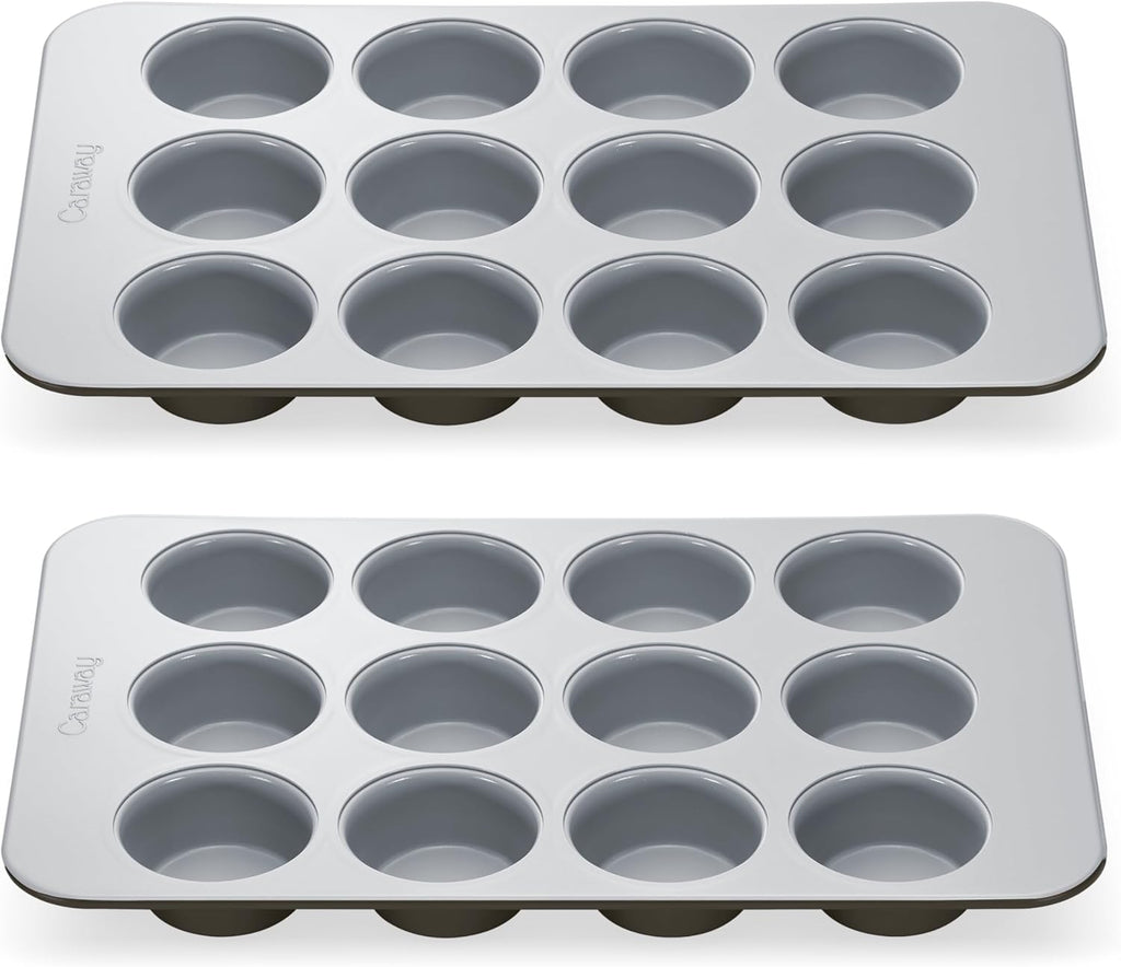 Caraway Non-Stick Ceramic 12-Cup Muffin Pan Duo - Naturally Slick Ceramic Coating - Non-Toxic, PTFE & PFOA Free - Perfect for Cupcakes, Muffins, and More - Black
