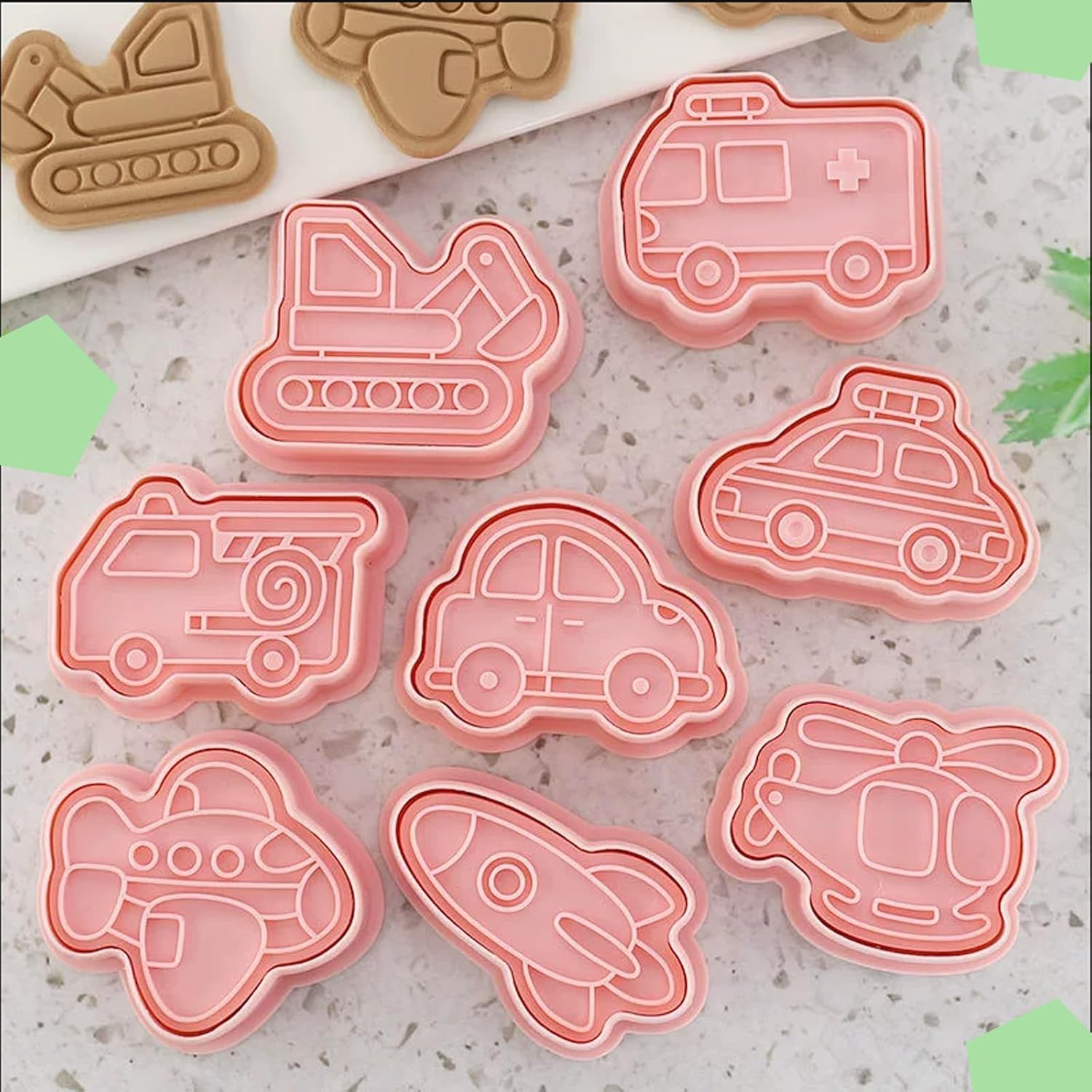 8Piece Vehicle Cookie Cutters Set,3D Transport-Themed Plastic Baking Molds for Cookies, Fondant, Cheese – Includes Plunger Stamp for Embossing (E)