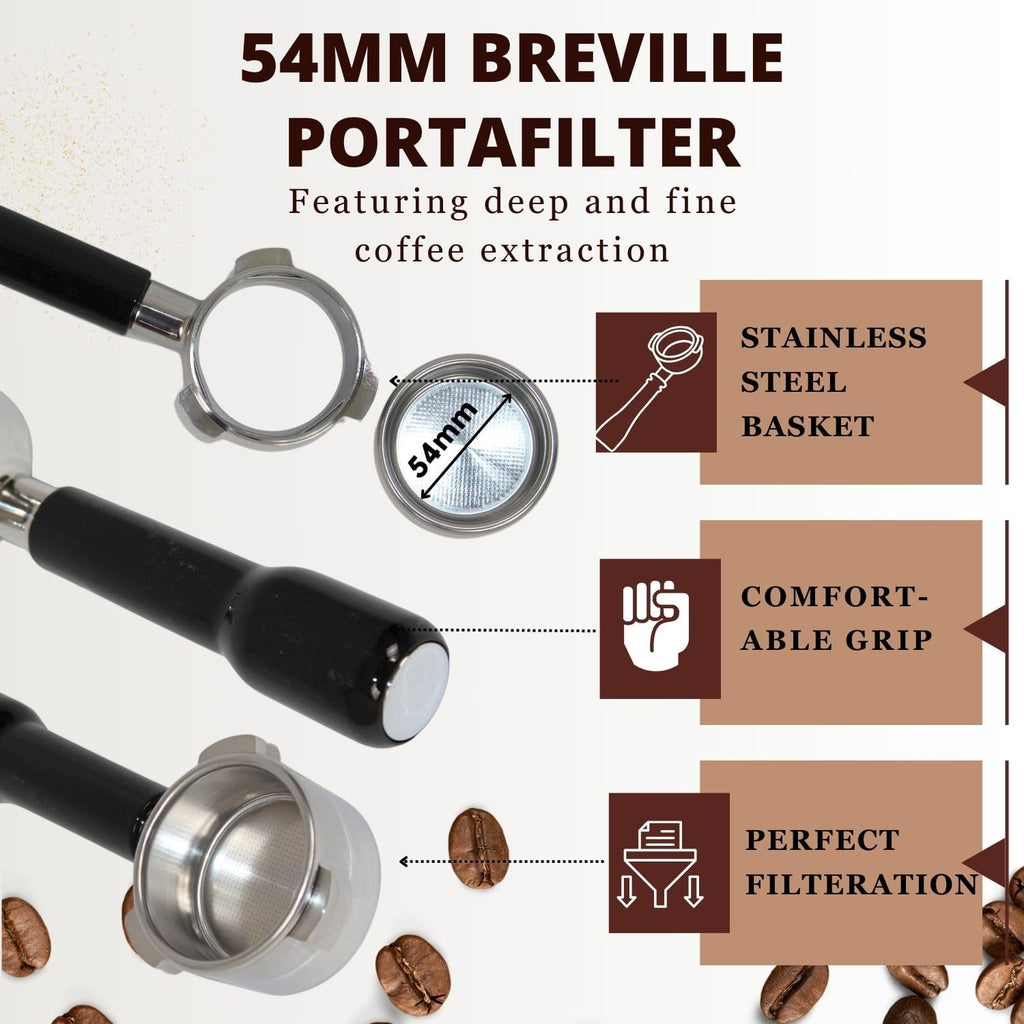 Espresso Portafilter 54mm Bottomless - Compatible with Breville Duo-temp, Infuser, Bambino, Barista Express, Barista Touch, and Barista Pro Espresso - Stainless Steel Filter Basked Included